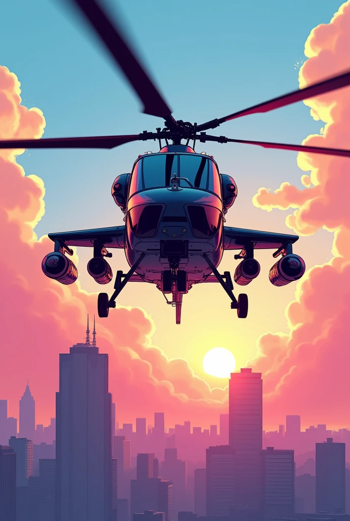 I want a picture of a helicopter in the sky, that has a sky with soft shades of blue in the background, magenta and orange, not so saturated, and have a few background buildings in an art style inspired by Grand Theft Auto video games. The image should have prominent black lines to outline characters and objects., creating a comic book drawing or illustration effect. Colors should be flat with little gradation to maintain the drawing look. I would like the scene to look three-dimensional, but retains a visual style similar to 2D illustrations