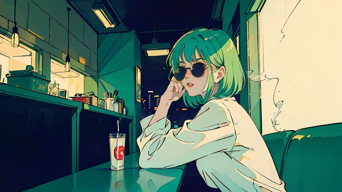 beautiful asian girl with green hair sitting in a diner at night, seen through a window, perfect face, sunglasses, smoking a white tailor made cigarette, NeonNoir, (backlit: 1.1), hard shadow, masterpiece, best quality, Intricate, modelshoot style, vintage, film grain, Incomplete details drive ,reggae