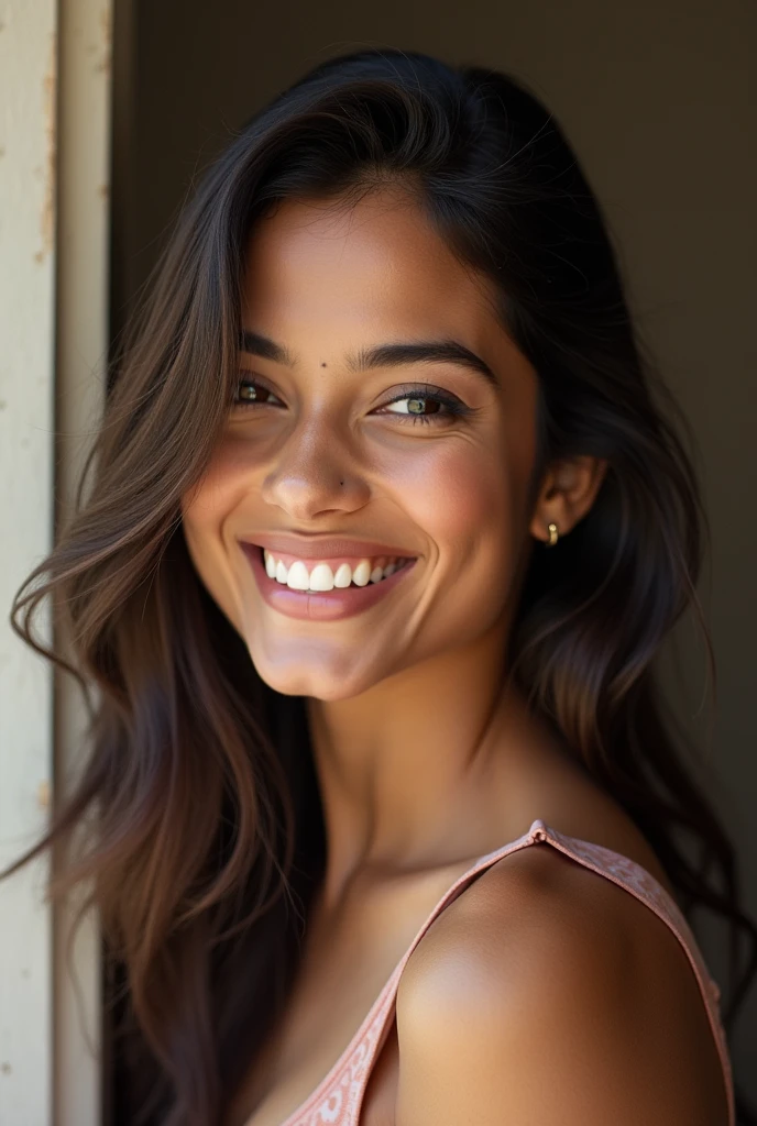 There is a young, Beautiful indian woman, who looks to the future like Katrina Kaif. Smiles into the camera, beautiful teeth. She stands there and looks into the camera, a portrait from raw photo, (wink with the eye),