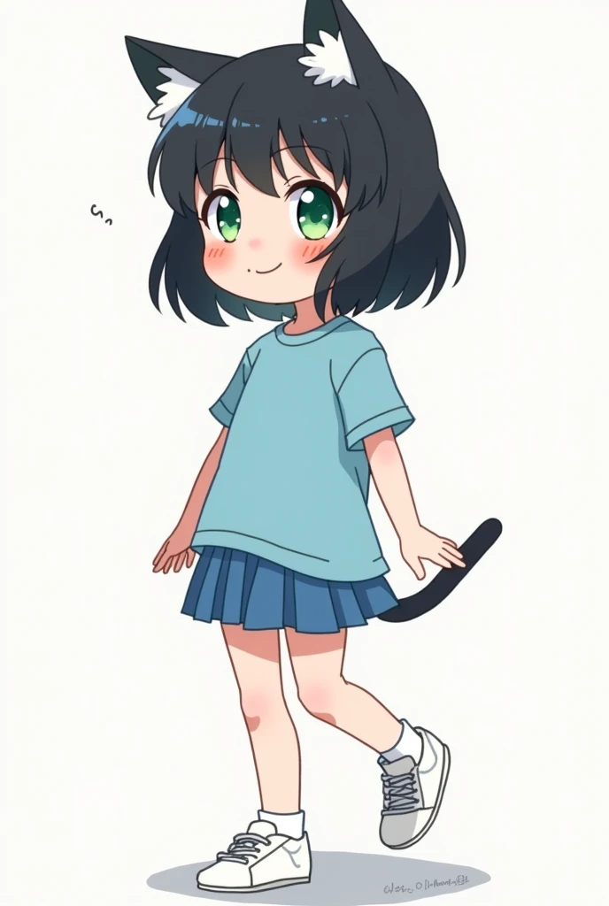 1 anime age girl with jet black hair, cat ears, green eyes, blue t-shirt, blue skirt, white socks, sneakers, and a blush mark on her cheeks