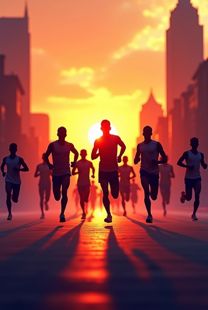 Feature silhouettes of runners in motion across the brochure. Use gradients or motion blur effects to give a sense of speed and energy. The background could show a sunrise or cityscape, emphasizing the scale and excitement of the marathon.
