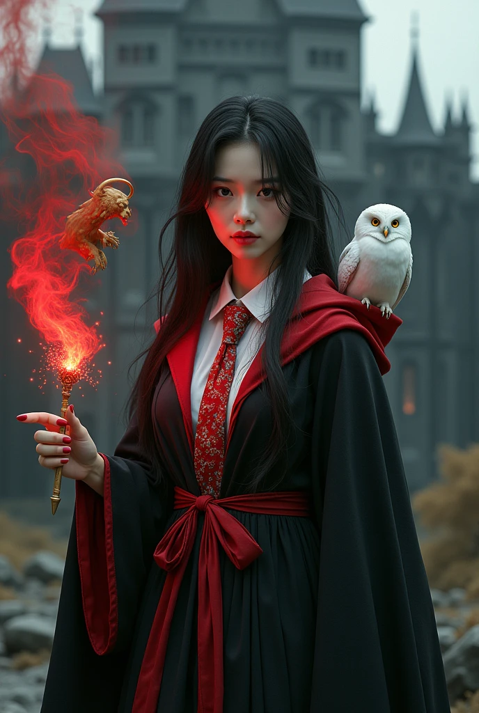 photorealistic photo, asian woman, white skin, Facing straight, Fluffy black hair, Five long, slender fingers on each hand, Black witch cloak, Red Hood, black witch hat, White collared inner shirt, Red and white patterned tie, One hand holds the handle of a small magic wand., There were several red sparks and red smoke coming out of the wood., A white owl stands on the right shoulder., A large golden lion appeared from the left rear side., The background is an old black castle.