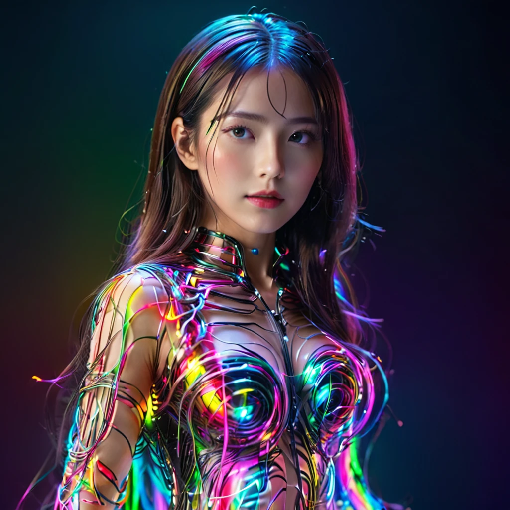 Ultra-Realistic Capture,(((whole body像)))、18k,RAW Photos,Highest quality,masterpiece,reality,Very detailed,Very beautiful woman,Android,cyborg,cyber-,(((whole body))),(Very detailedな電子機器),(Skin that clearly shows the internal electronics),Very thin connecting wire,whole body接続ライン,Fully transparent rainbow skin,Advanced AI,neon,Small glowing LED light,very long untidy hair,Are standing,