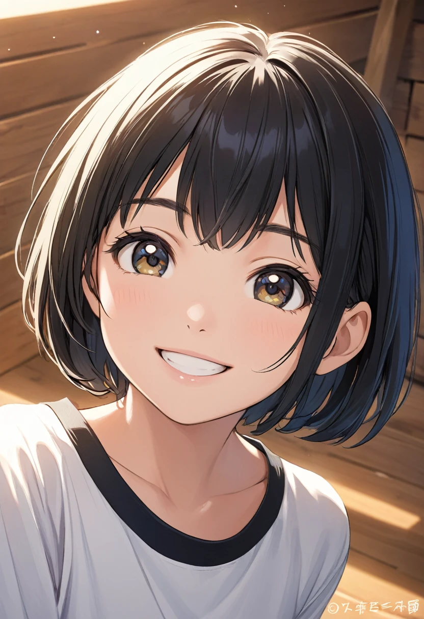 woman,Short Hair,Black Hair,10yo,cute,smile,smile,beam,looking at viewer,close-up head