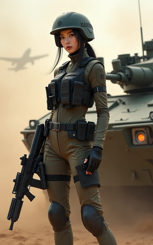 Ultra-high resolution，High-resolution details，Wearing Army Camouflage，Super sexy Korean soldier，Wearing a black military vest，Wearing a military helmet，Advanced and complete equipment，fully armed，（On the armored vehicle）（1 Korean female soldier，Super beautiful，Super fair skin，Super white face）full-body shot，panoramic，Wide-angle lens，Sand and dust flying，Smoke of war，explode，airplane