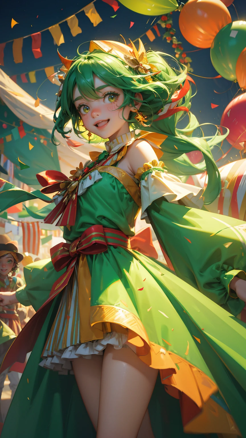 A beautiful, cute girl with bright, cheerful eyes and a big, playful smile, dressed in a fluffy green carnival costume with colorful accessories, holding a large candy cane in one hand. She is standing in the middle of a lively 'Green Candle Carnival,' surrounded by glowing green candles with flames, colorful bunting flags hanging between tall evergreen trees, and vibrant confetti falling all around. In the background, a green bar chart with candle flames represents the carnival theme, with various festive elements like candy canes, balloons, and striped tents enhancing the joyful, fun-filled atmosphere. The scene is saturated with green hues, creating an energetic and celebratory vibe