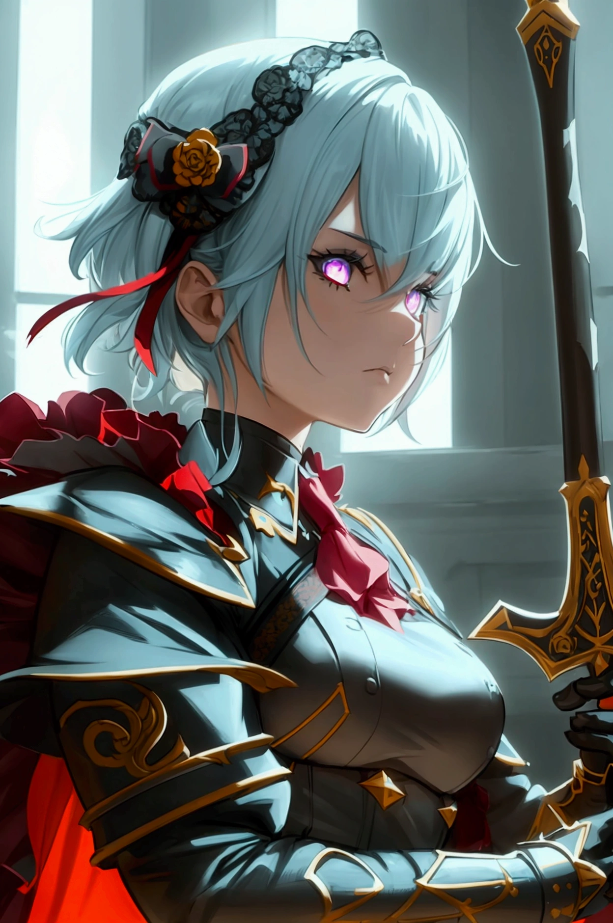 one girl, dynamic pose, extremely detailed, simple colors, holding weapon, battle maid, beautiful, anime style, psychopath like theme, short white hair, full body, intricate details, dramatic lighting, cinematic composition, high contrast, vibrant colors, chiaroscuro, digital art, concept art, masterpiece, hyper-realistic, 8k, HDR, photorealistic, detaled outfit, full body