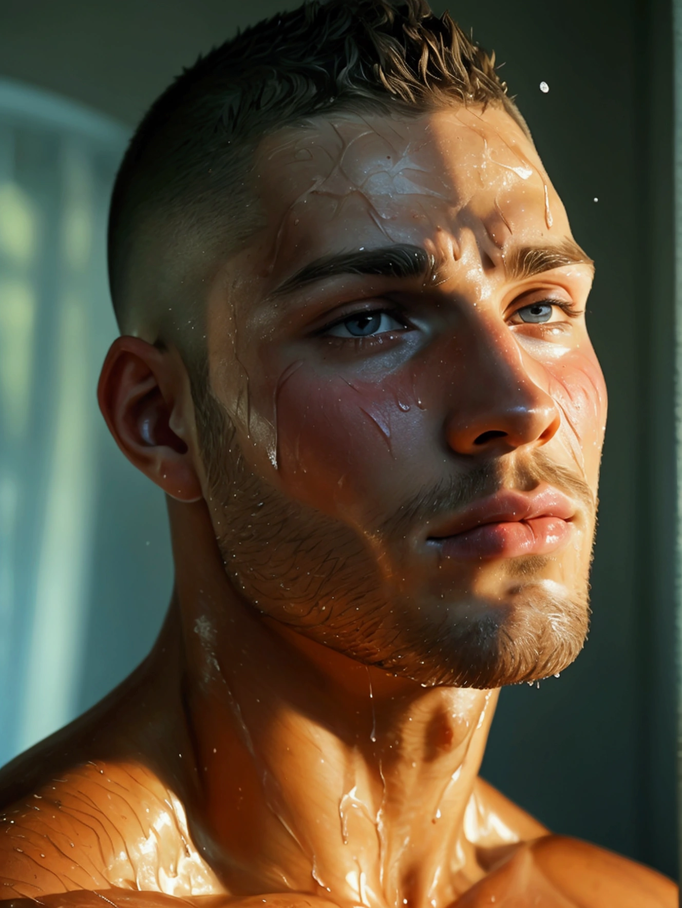 beautifull young stud, 2, wearing wet (thongs), (massive bulge), body hair, sweat, intricate, perfect body, art, masterpiece, youthfull face, full of energy, athletic, buzzcut, hairy chest