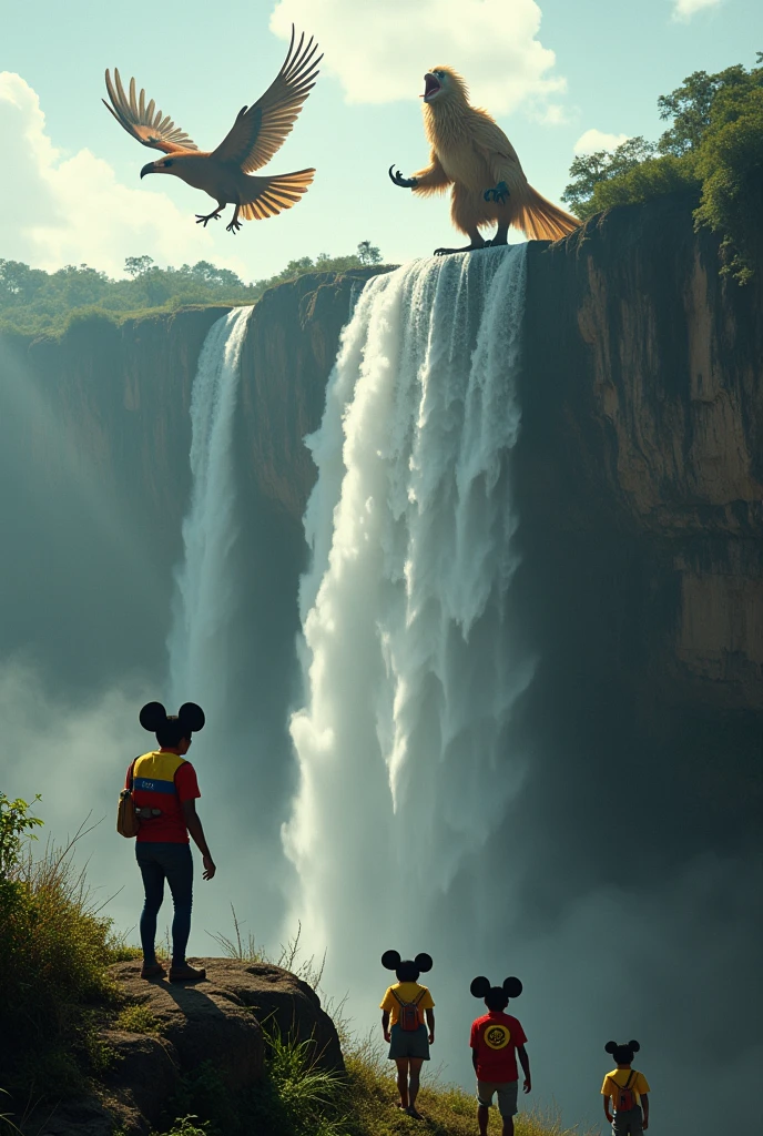 A photo of Nacho the creature screaming from the top of Angel Falls "Free Venezuela" while a troupial appears flying in circles holding the electoral records with its beak. From below you can see some hikers with Mickey Mouse heads and a shirt with the Venezuelan flag.