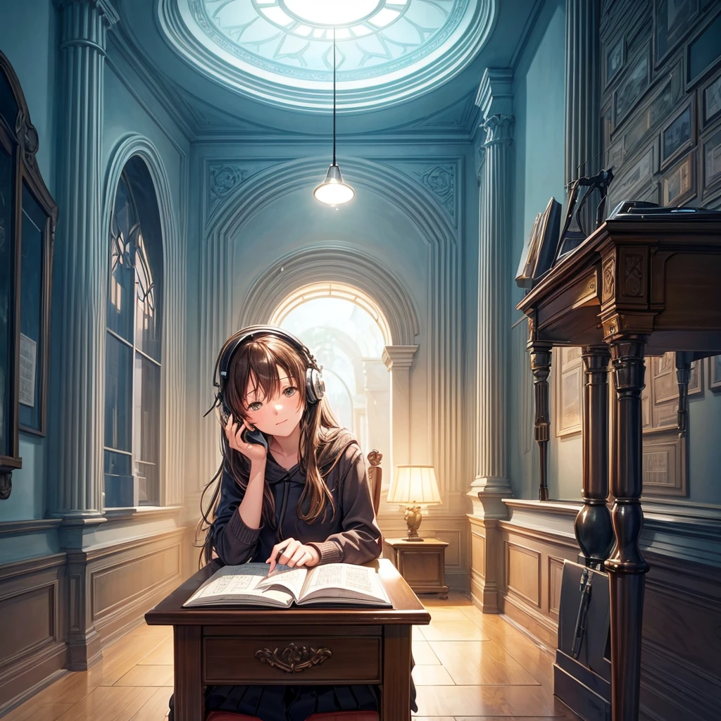 Imagine yourself in a cozy study room, where a lofi girl sits at her desk, her headphones on as she gets lost in the world of classical music. The walls are illuminated with lifi lights, creating a serene and peaceful atmosphere. What other details can you add to this scene?