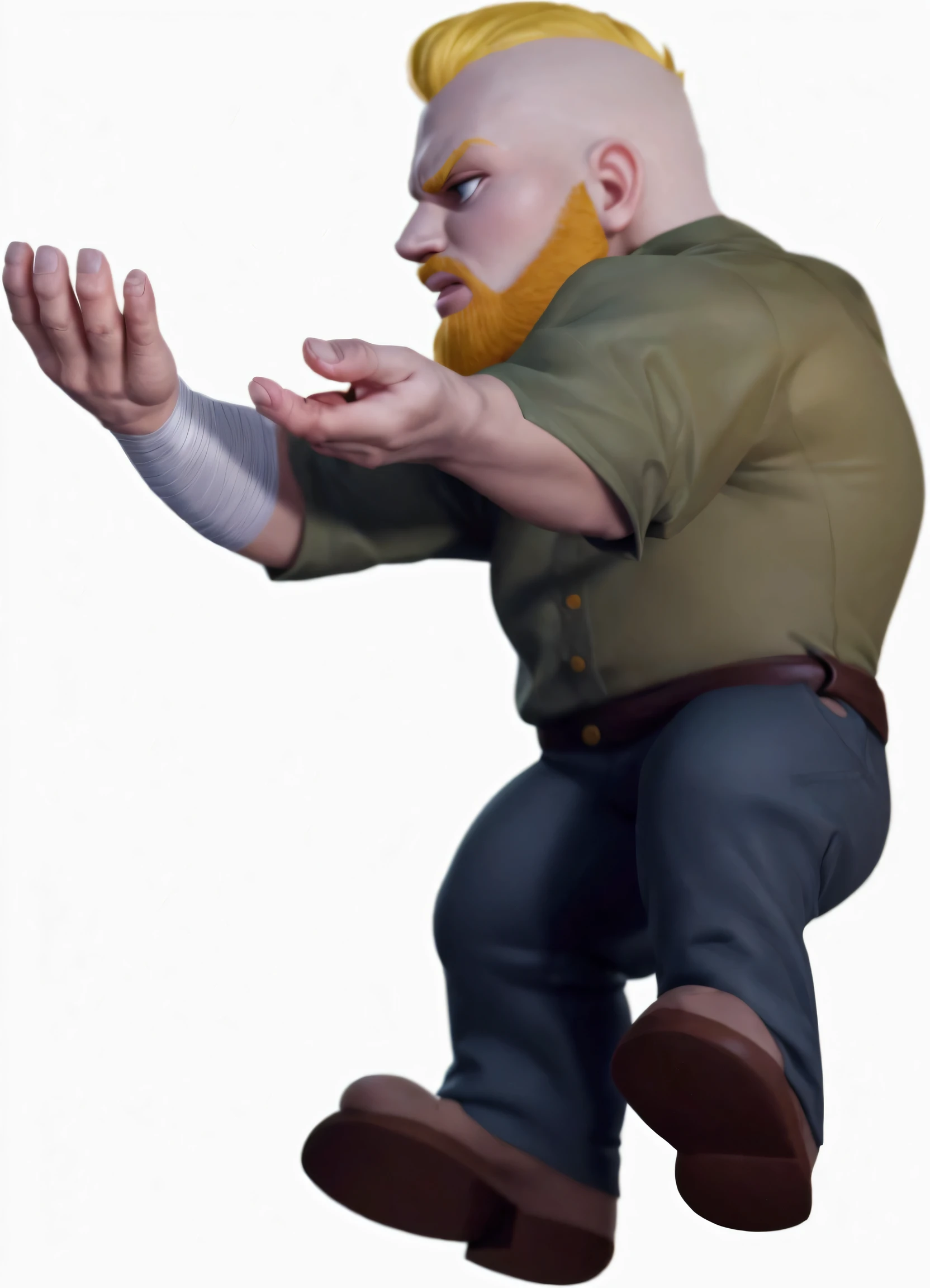 A blond man，blonde，Authentic hair texture，Hooked nose，Fierce expression，Green Shirt，Right forearm wrapped in bandage，Fighting Stance，Fighting Stance，character render，3d rendering stylized，Realistic clothes folds，More clothing details，ue5 render，Cartoon Characters
