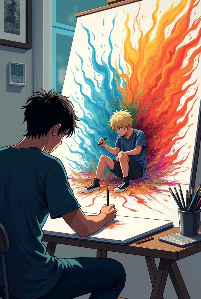 Drawing of someone drawing on a sketch stand manga artist perspective is facing back and the art she is drawing the color tries to escape the sketch slightly stil the perspective to the left and the character make him sit. makethe view wider