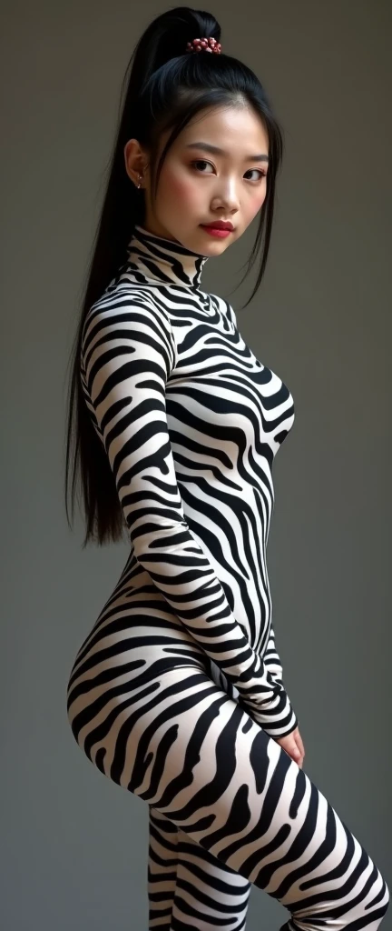 The beautiful taiwan contortion adult girl contortionist with beautiful cheeks wears zebra print full lycra dancewear turtleneck unitard catsuit.She always wear zebra print lycra full hood.