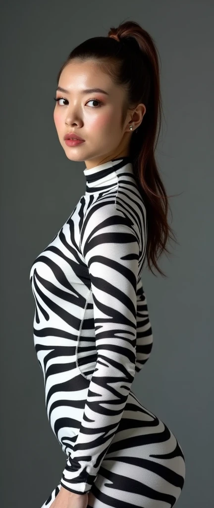 The beautiful taiwan contortion adult girl contortionist with beautiful cheeks wears zebra print full lycra dancewear turtleneck unitard catsuit.She always wear zebra print lycra full hood.