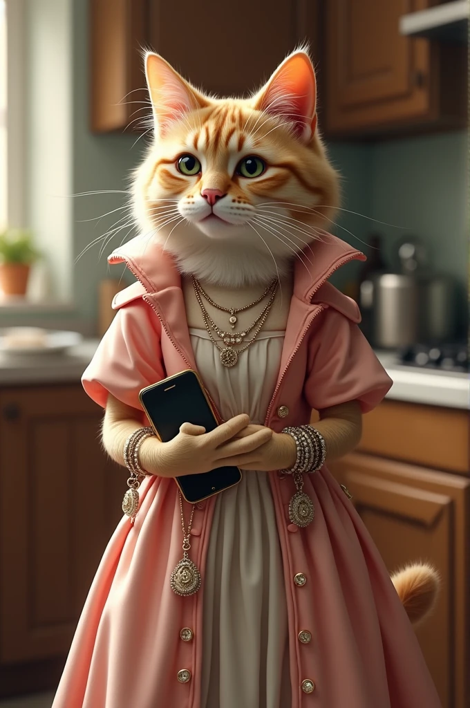 Cat ho frock pahani ho aur kaante pahani ho jewellery pahne aur hath mein mobile ho aur kitchen mein ho