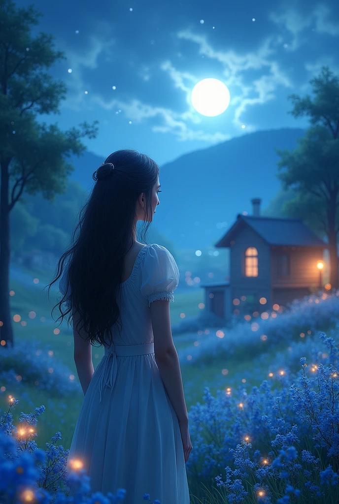 A  beautiful valley near village. It's look so beautiful and her eyes is so mesmerising that attract anyone. Her looks so attractive. Her near the blue soft  moonlight  , blue flowers with lots of 
 fireflies. Back of girls with beautiful hairs