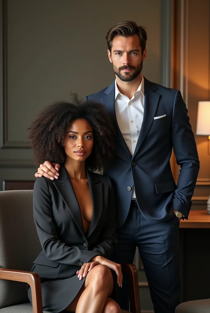 Could you generate for me a book cover, here are the descriptions Yara is of a mixed race, she has curly, soft features brown soft hair, she has beautiful lips, a caramel skin, 5'5ft and then Amari is of a replica of Henry cavil , 6’4ft I need them in suits like in an office setting.. the woman young is wearing a ladies suit (25year)is sitting down and the man ( 30) is standing besides her. Pocketing his hands.
No cleavage showing
