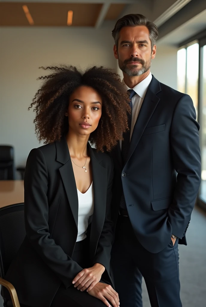 Could you generate for me a book cover, here are the descripti  mixed race, she has curly brown hair, she has beautiful lips, a caramel skin, 5'5ft and then Amari is of a replica of Henry cavil
I need them in suits like in an office setting.. the woman young (25year)is sitting down and the man ( 30) is standing besides her.