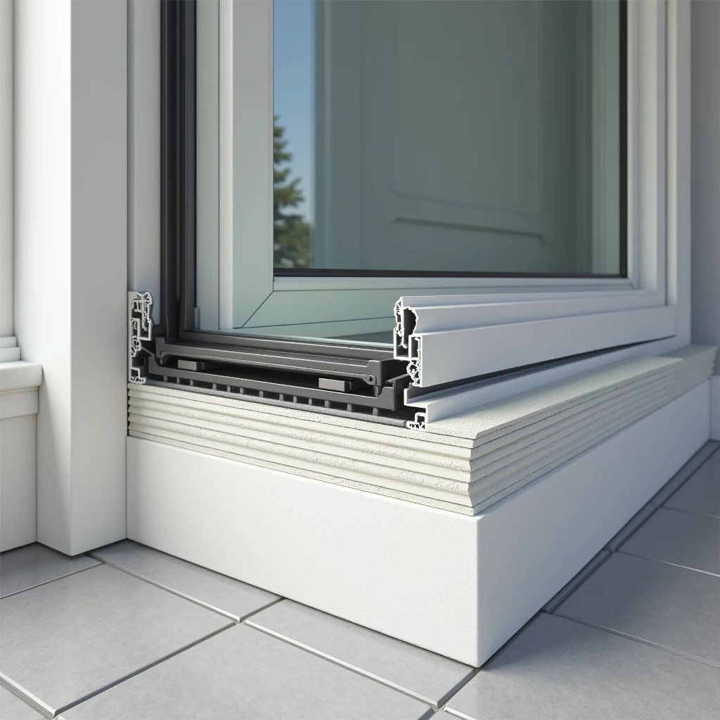 A professional and realistic image showcasing the finishing of window slopes (reveals) and a balcony door block using sandwich panels. The image highlights the precise installation of the sandwich panels, creating a clean, modern finish that seamlessly integrates with the window and door frame. The panels are perfectly aligned, offering excellent insulation and a sleek appearance. The scene is well-lit, with a focus on the quality and durability of the materials used, reflecting the professionalism and expertise in the window and balcony block installation and finishing services offered by the company.