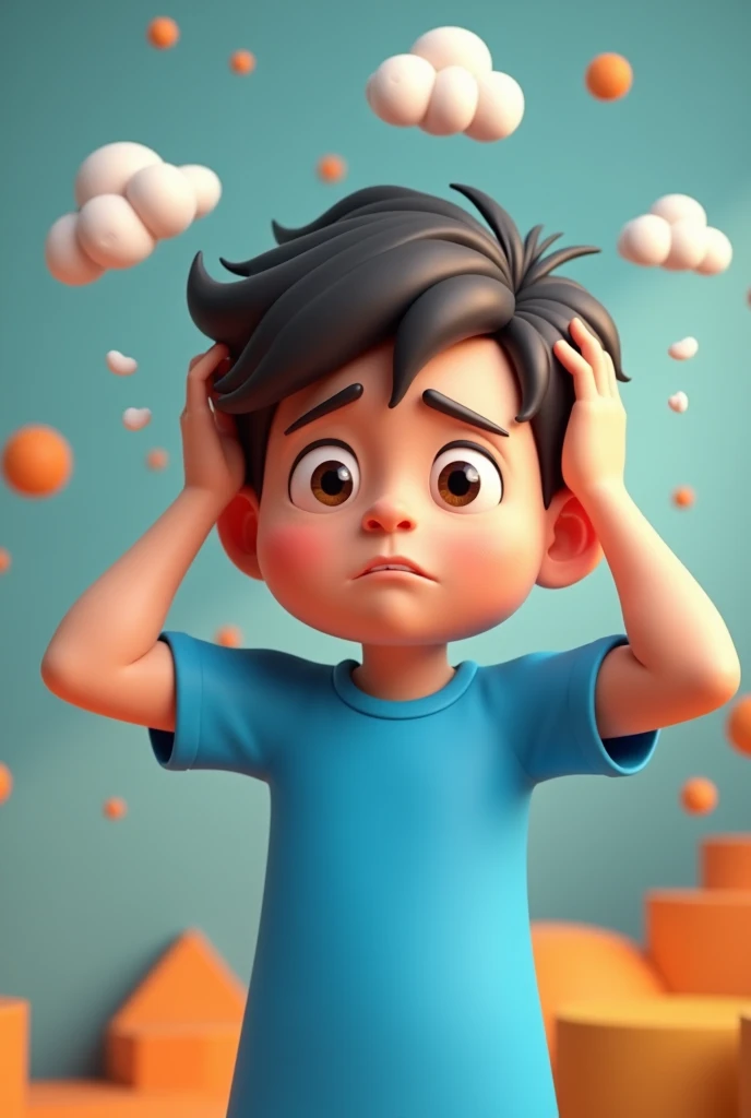 Stress brain boy kid wear blue tshirt 3d cartoon