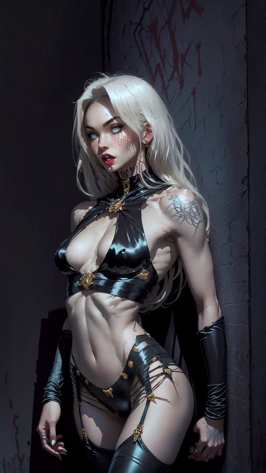 (megan fox), Lady Death, female bodybuilder physique, seductive face, seductive look, (black silk leotard & thigh highs), long white hair, perfect muscular body, long thin legs, white eyes & skin, muscular bulging pecs, (huge muscular shoulders:1.45), (full body shot:1.25), (blank background:1.25), MeganF_SoloTI_v1