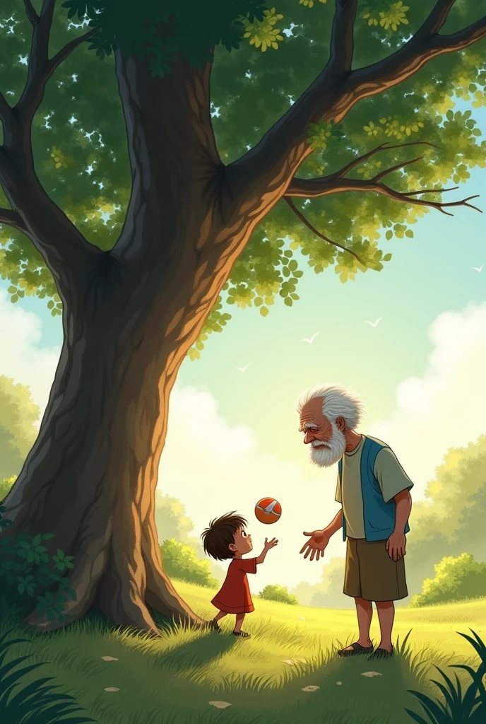 A child of hers
Can't find the ball under the tree. Suddenly an old man comes and gives the ball away, and the kid jumps for joy.
