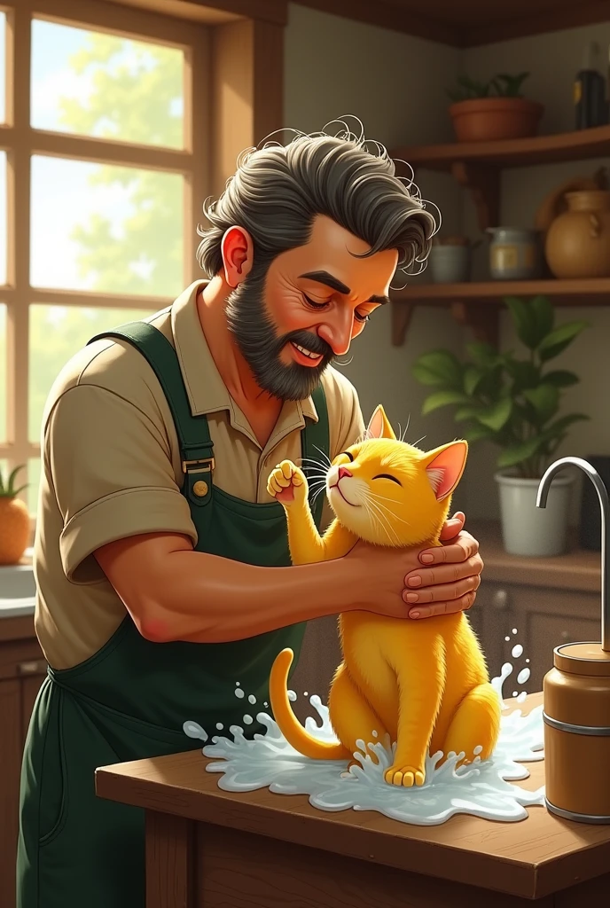 **Farmer Washing Lemon Cat**: Inside a simple rustic house, the farmer gently washes the lemon cat with water, its yellow fur glistening under soft sunlight, as the cat looks content.