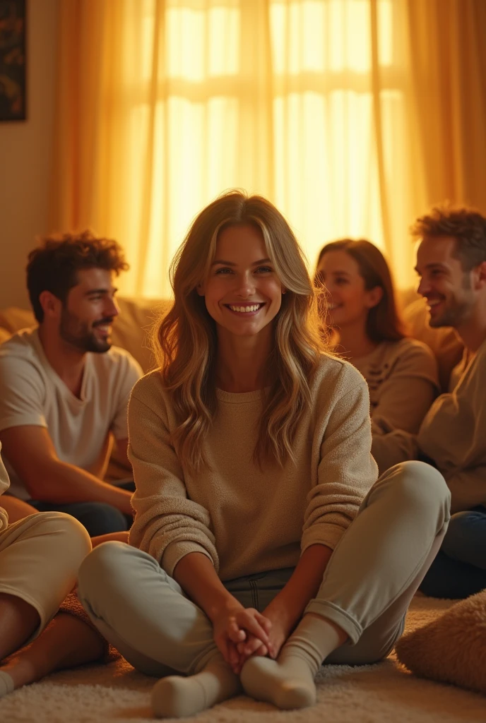 (Photorealism: 1.2), happy woman, comfortable clothes, several men and women, people wearing socks, soft lighting, yellow background, cozy room, comfortable pose wearing socks, happy man, warm colors,