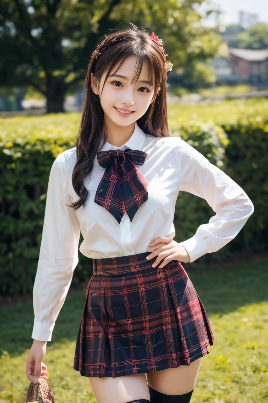 1 young girl,very cute and beautiful japanese teen actress,highly detailed beautiful face,
white blouse,long sleeve,smile,hime cut,hair ribbon,stylish pose,zettai ryouiki
 BREAK dynamic angle,flower garden,grassland,distant trees and town,(scarlet plaid mini skirt),
real person,photorealistic,8k,raw photo,
