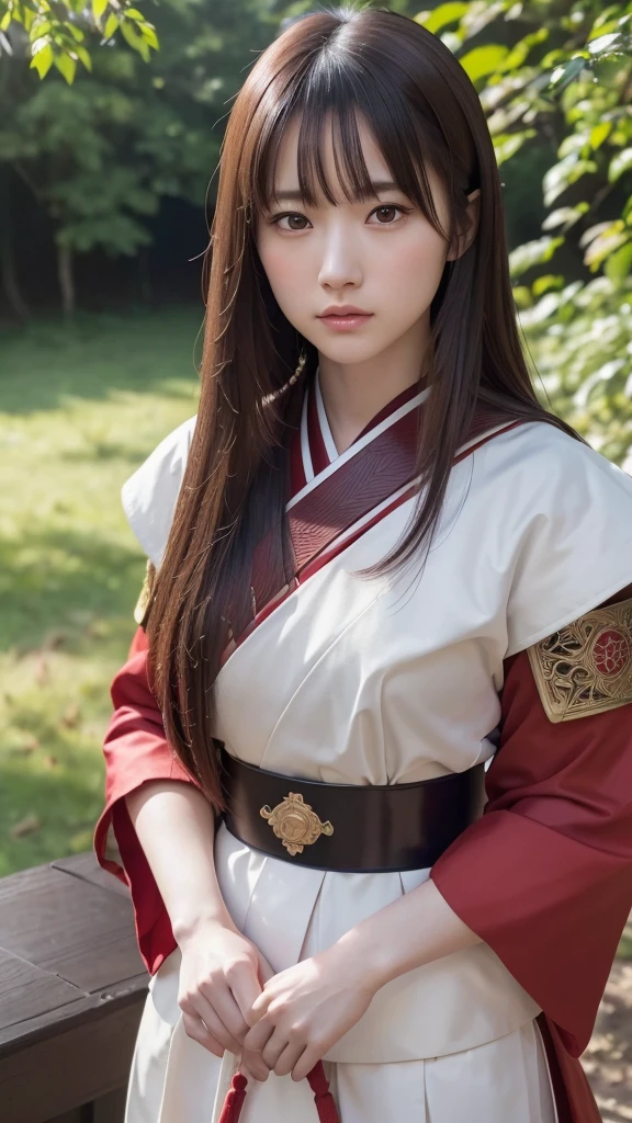 a beautiful japanese female samurai, full upper body portrait, wearing a red samurai armor, long brown hair, pale skin, serious expression, outdoors, hyper realistic, (best quality,4k,8k,highres,masterpiece:1.2),ultra-detailed,(realistic,photorealistic,photo-realistic:1.37),cinematic lighting,dramatic colors,intricate details