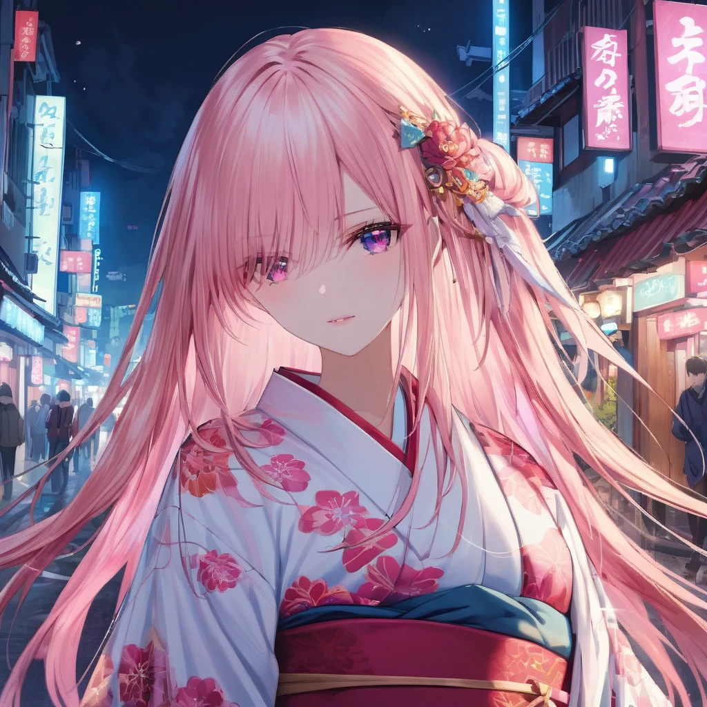 (masterpiece, best quality:1.2), 1girl, solo,perfect face,cute girl, long hair, detailed background,pale style,kimono, night vision, street, pink hair, shine, diamond eyes, vivid colors