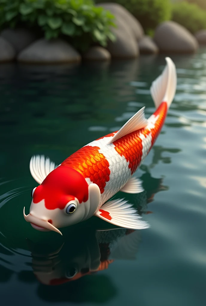 (photorealism:1.2), beautiful tancho koi fish, swim on the pond natural. With red and white colors on body