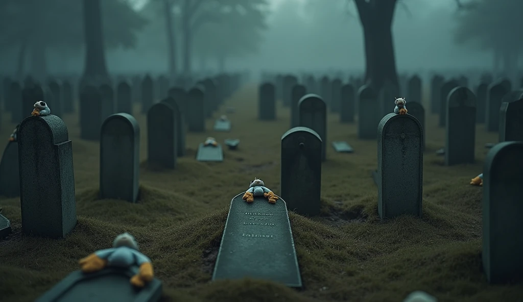 a graveyard with many small graves, each with a toy or stuffed animal on top, symbolizing the loss of young lives, highly detailed, cinematic lighting, moody atmosphere, somber colors, intricate textures, dramatic shadows, masterpiece, photorealistic, muslim,
