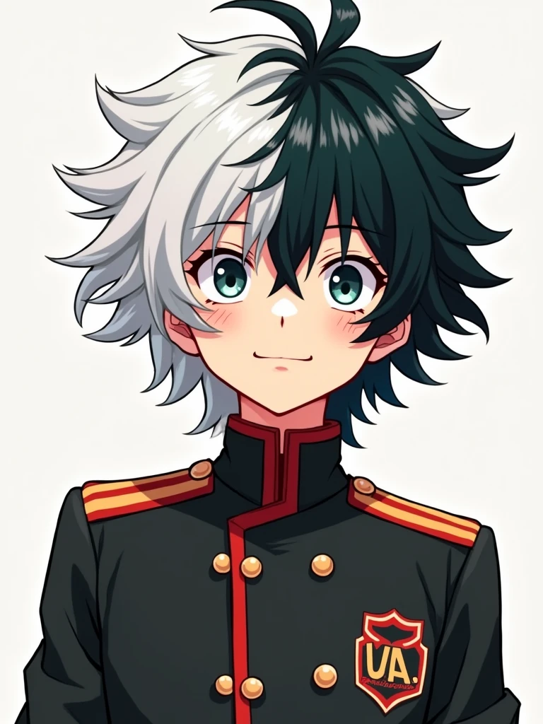 hero anime boy with medium straight half black half white hair,  smiling kindly,  my hero academia style,  in a UA uniform