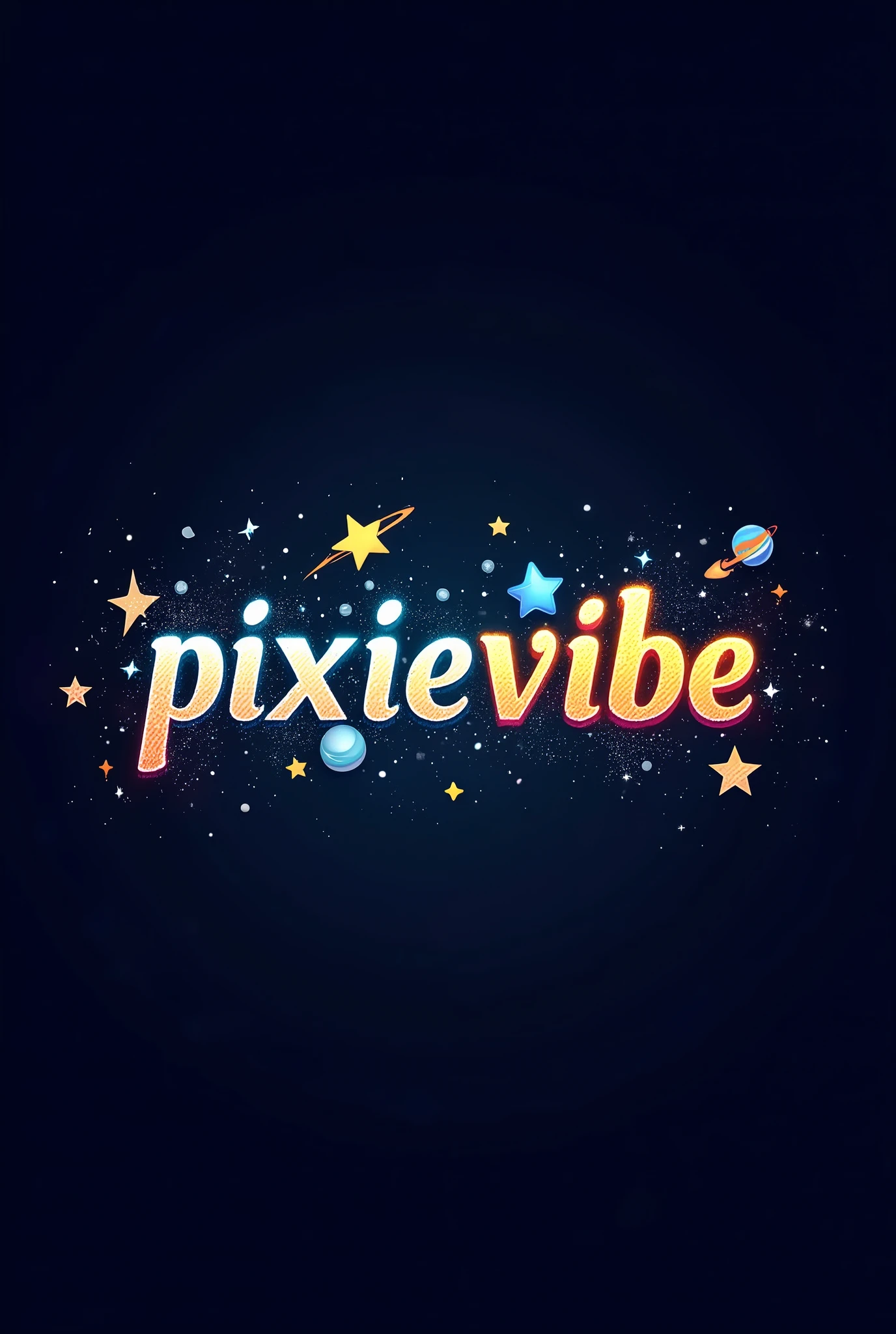 Solution 17:Dynamic interstellar font design:Use modern and dynamic fonts,For example, "Bangers" or "Anton"。
Pattern elements:Design the letters "PixieVibe" in interstellar style,Each letter has a shooting star、Star or planet decoration,Add vitality and fun。
Color Scheme:The main color is bright blue、Orange and green,The letters have a glowing effect of stars and shooting stars,The background is dark(Such as dark blue or black),Highlight interstellar effects。