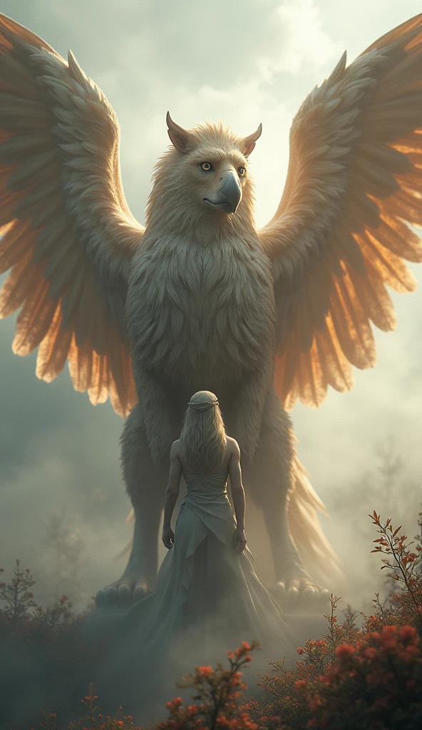 Griffon、dignified posture Eagle face:1.2、Sharp beak:1.7、Beautiful Wings:1.5、manly lion body:1.5、god獣、Beautiful coat、godの使いのGriffon、god聖的な生き物、god々しいGriffon、Alsoと立つ鋭い目つきのGriffon、Also々Are standing、haze、幻想的なhaze、Beautiful sight、break、美しい女god、女godがGriffonの隣に立つ、