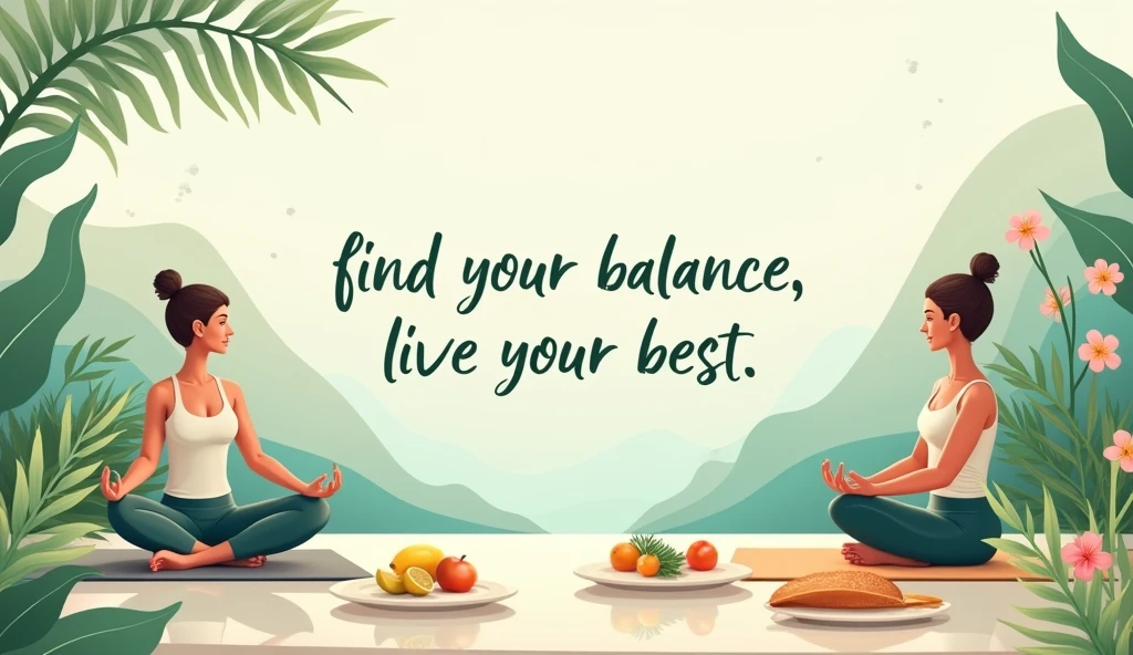 A serene background with soft, natural elements like flowing greenery, flowers, or gentle waves, balanced mix of wellness items like a yoga mat, healthy food, serene moments of self-care, women exercising . “Find Your Balance, Live Your Best” in a clean, modern font, Earthy tones like sage green, soft blues, and muted pinks to create a calming effect.