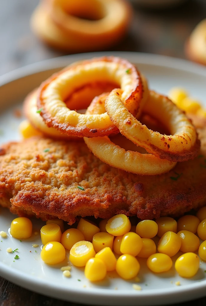 Fried Spiral Potato Rings,Fried chicken steak,Corn kernels
