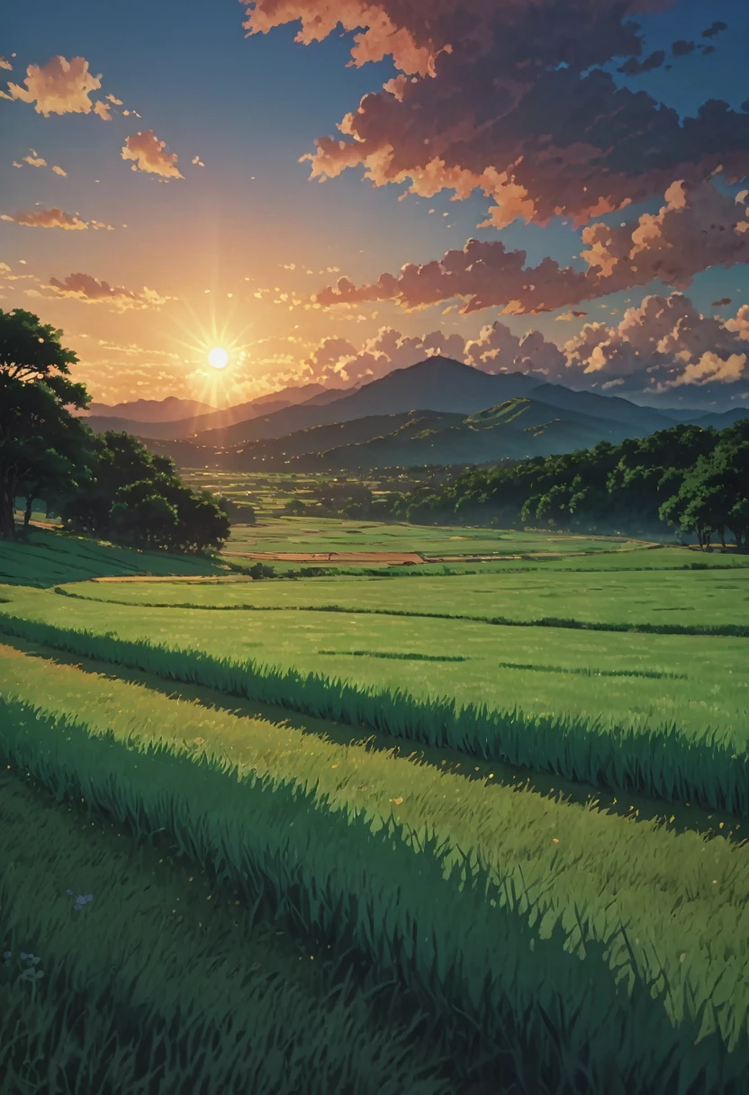 Obra maestra 8k Studio ghibli A serene landscape of a grassy field with trees in the backdrop, under a clear blue sky with clouds. sombra, 8khdr sol ilumination!!!! amanecer nubes The image depicts a beautiful sunset over a lush green field, with mountains in the distance and a cloudy sky above.