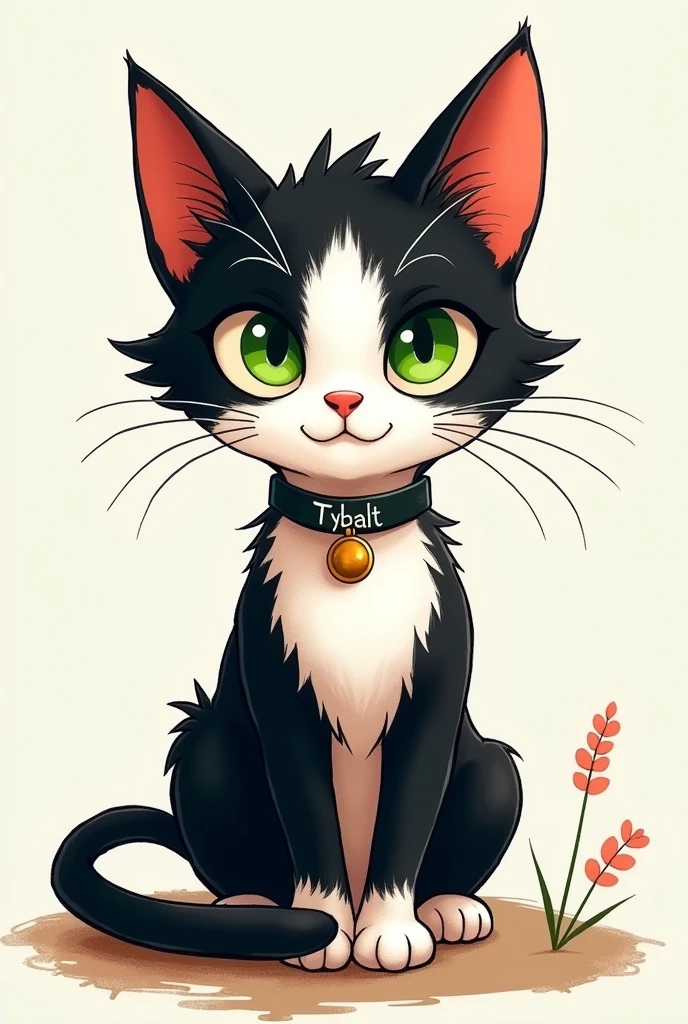 Un chat couleur tuxedo avec le blanc jusqu'entre les yeux aux yeux verts avec un collier écrit Tybalt. En version dessin d'enfant. 