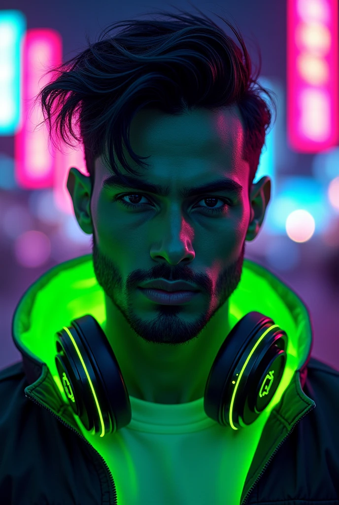 manga japanesse cartoon of a fluorescent green-black color Indian male super model dj . Add green beats headphones, add the text ¨Rick D´Angle ¨ to the image , totally night view photo with ultra open wide lens photo technic, octane rendering, 8192k ultra hifi