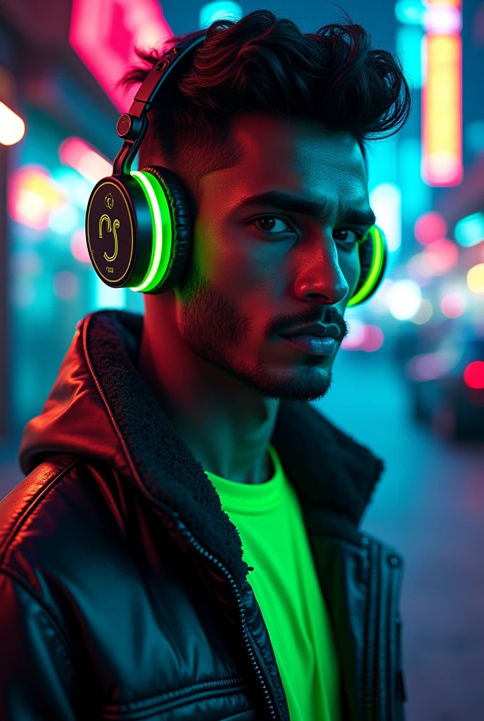 manga japanesse cartoon of a fluorescent green-black color Indian male super model dj . Add green beats headphones, add the text ¨Rick D´Angle ¨ to the image , totally night view photo with ultra open wide lens photo technic, octane rendering, 8192k ultra hifi