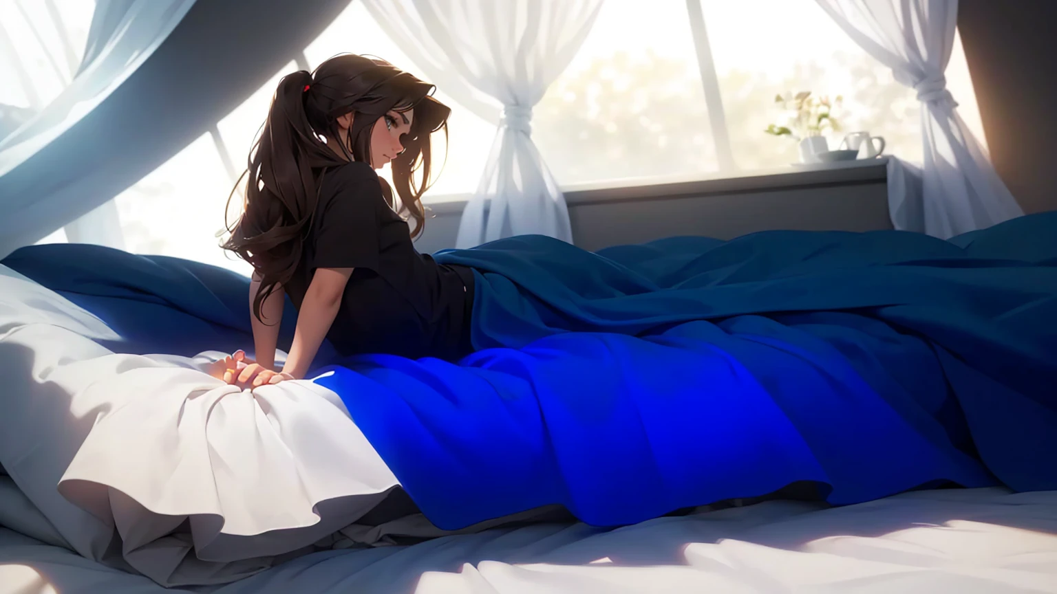 1 girl, masterpiece, best quality, best quality, Amazing, beautiful detailed eyes, finely detailed, depth of field, extremely detailed CG unity 8k wallpaper, full body,dark brown hair,dark rock shirt, covering his legs with a blanket, getting up in the morning supporting his hands on the bed arching his torso, looking towards the window, (dim light source with white rays of light from the sun), (cold temperature), (cold look at the window), straight hair, pale brown skin,