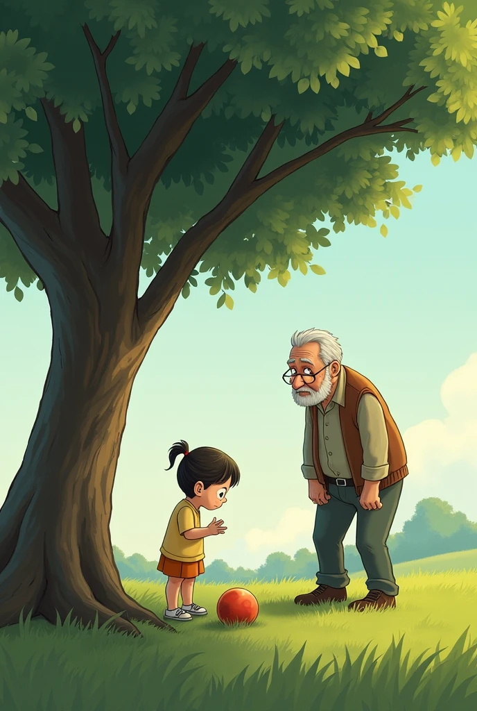 A child of hers
Can't find the ball under the tree. Suddenly an old man comes and gives the ball away,