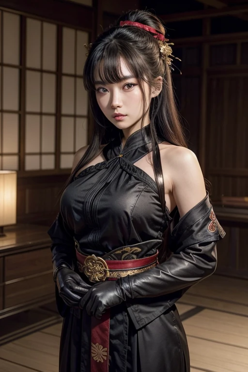 Big Tits,Big Ass,

Armor and kimono combination:
	• For the upper body、Wearing elaborate armor made of metal and leather。The armor is black or crimson、Gold as the base、A design that evokes the dignity of a military commander。The shoulders and chest are decorated with sharp curves and floral patterns.、Expresses feminine elegance。
	• Under the armor、Wearing black or deep green silk kimono。The hem and sleeves of the kimono have family crests and cherry blossom patterns woven into them.、It sways beautifully with every movement.。
	• At the waist、Put on a sturdy obi、On top of that, a sheath for the sword is attached.。The sheath is decorated with gold、Emphasizing the dignity of a warrior。
	• For the lower body、Skirt part of armor（train armor）Gatsuki、While ensuring mobility during combat、Wear sandals that are lightweight and easy to move in.。
	•accessory:
	• On the head, they wear metal hair ornaments that resemble their family crest.、Represents the symbol of a commander on the battlefield。Hair tied up neatly for the battlefield、Allow your long hair to hang down your back。
	• On the wrist、Wearing leather gloves。This、While increasing defense power、Increase your dignity as a military commander。

Makeup • Skin: Feel the strength on the battlefield、Gives an overall matte, slightly shaded finish to the skin。Choose a foundation that is a little darker than your skin tone.、Use strong shading to emphasize the contours。
	• Eyes: To emphasize the eyes、Draw strong eyes with dark eyeshadow and eyeliner。Draw a sharp eyeliner、The corners of the eyes are slightly raised to create a sharp warrior look.。Long lashes、Gives overall strength and depth。
	• Eyebrow: Make it thick and firm、Expressing strength。Eyebrow color should be a natural color that matches your hair color.。
	• Lips: To convey the calmness and strength of a warrior、Finish your lips with a deep red or black color.。A slightly matte texture、Gives a firm, sharp impression to the mouth。
	• Cheeks: I barely put any blush on my cheeks.、Maintain an overall cool and sharp look。If necessary、Add some light shading、Emphasize the three-dimensionality of the face。