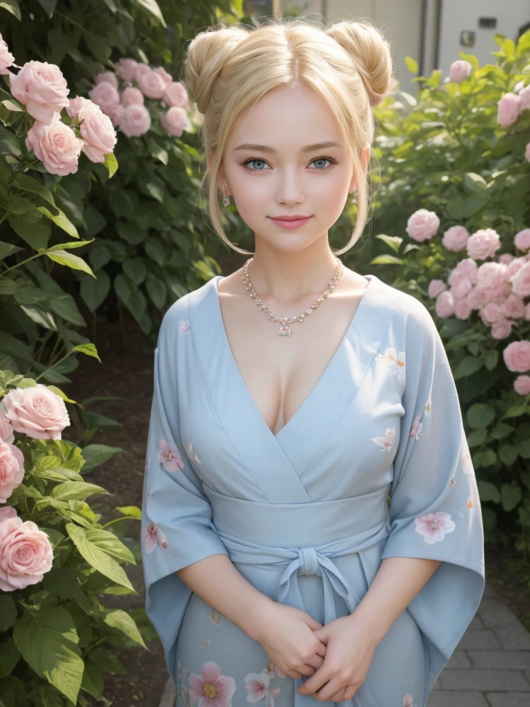 masterpiece, best quality, 1girl, ultra detailed, ultra highres, well-definded facial features, anatomically correct, cute girl, nice face,blonde hair, Blue eyes,
yukata, earring,realistic, necklace, View your viewers, bun hair, Pink Lips,half smile, full body shot, flower garden, standing