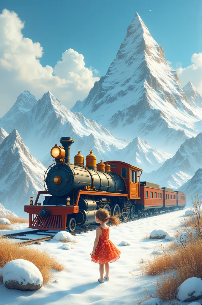 Image with train a girl and white mountains at back