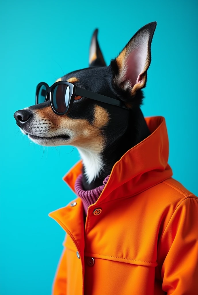 ait of a cute dog wearing mid-1960s space age fashion, Side view photo, Shot with Canon EOS R5, Set a strong contrast that accentuates the subject, Fluorescent blue tone, Wearing a very modern coat and sunglasses is a modern 1960s style, Clothes all in one color, beautiful background