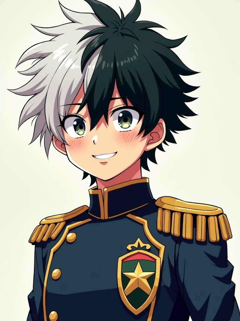 hero anime boy with medium straight half black half white hair, smiling kindly, my hero academia style, in a UA uniform