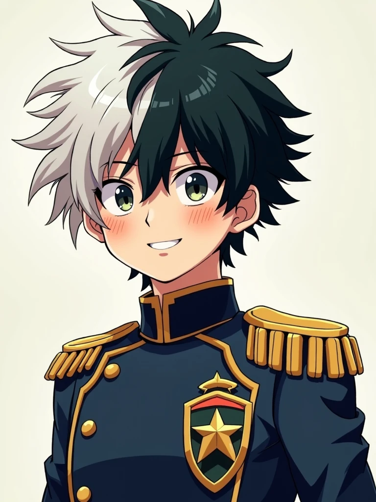 hero anime boy with medium straight half black half white hair, smiling kindly, my hero academia style, in a UA uniform